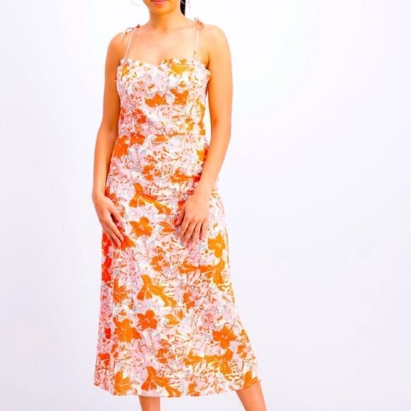 Free People Dress 8 NWOT Beach Party Shoulder Midi Linen Orange Floral Summer - Picture 2 of 12